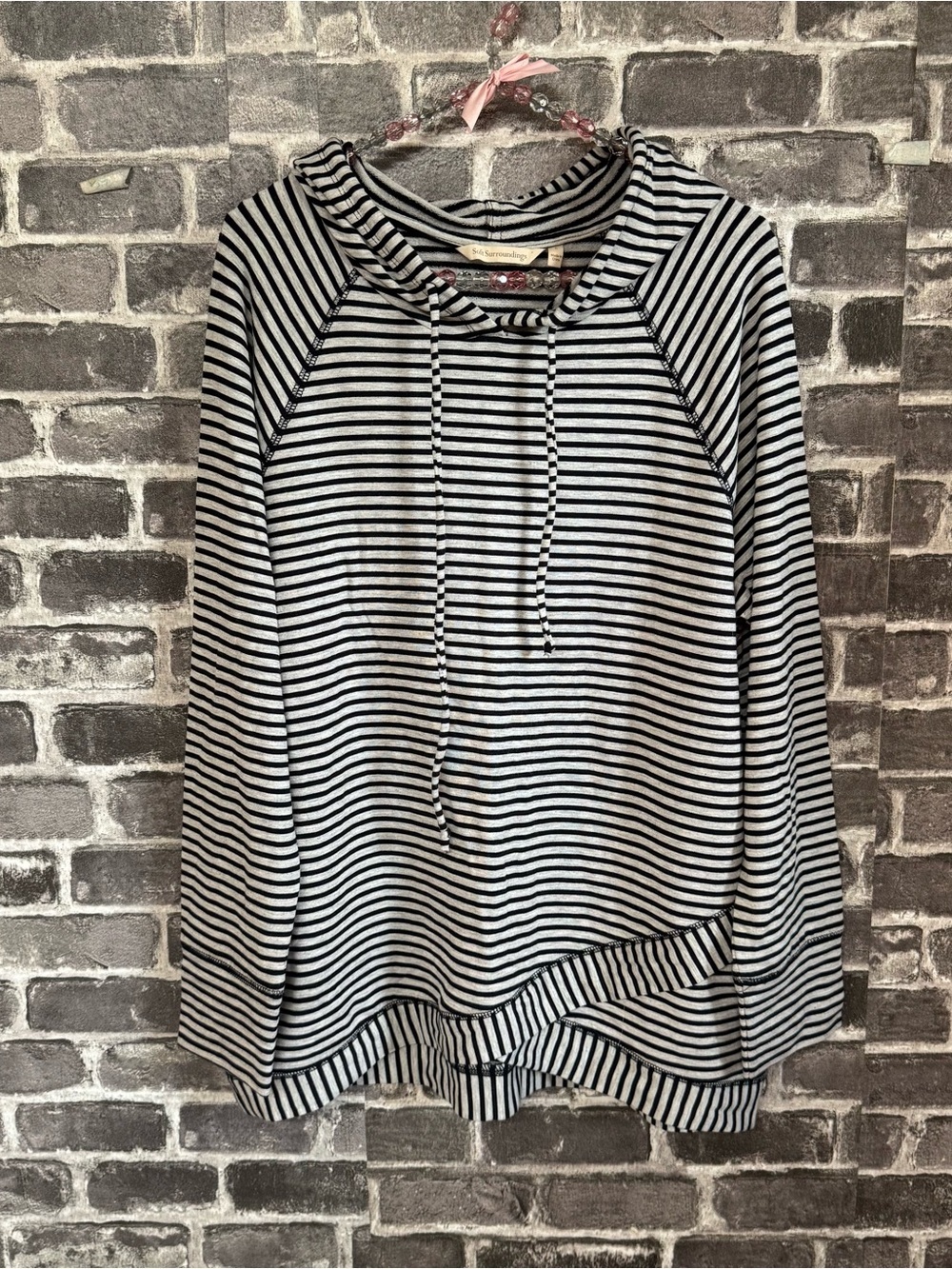 Soft Surroundings Sz Lazy Sunday Hoodie Sweatshirt Gray Black Stripe